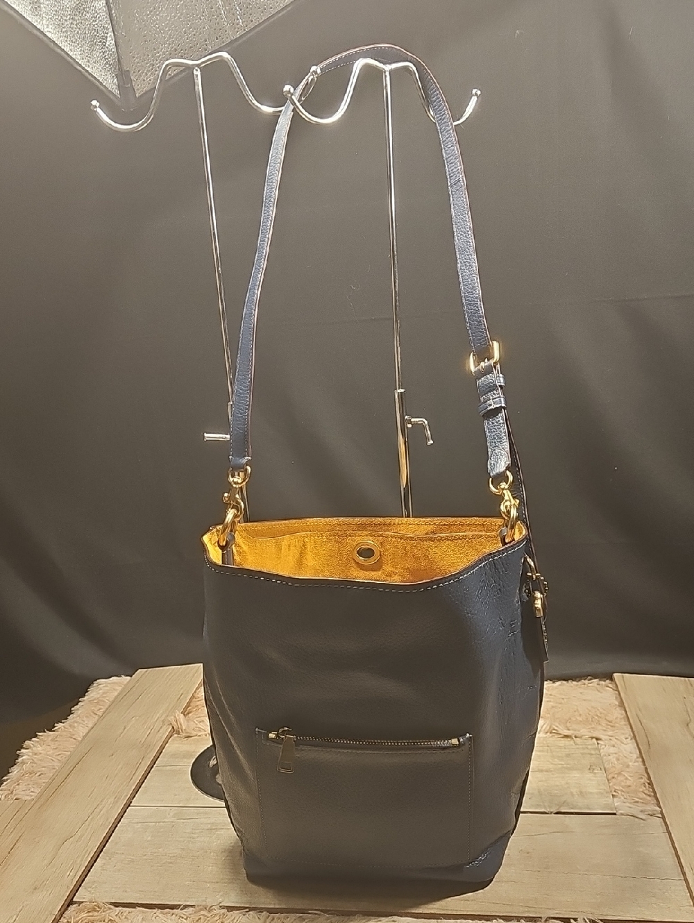 Navy Leather Shoulder Bag with Gold Interior